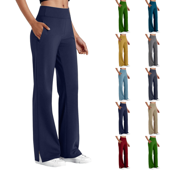 Bootcut Yoga Dress Pants Womens Business Casual Wide Leg Office Slacks Split Hem Workout Flare Leggings with Pockets Navy M