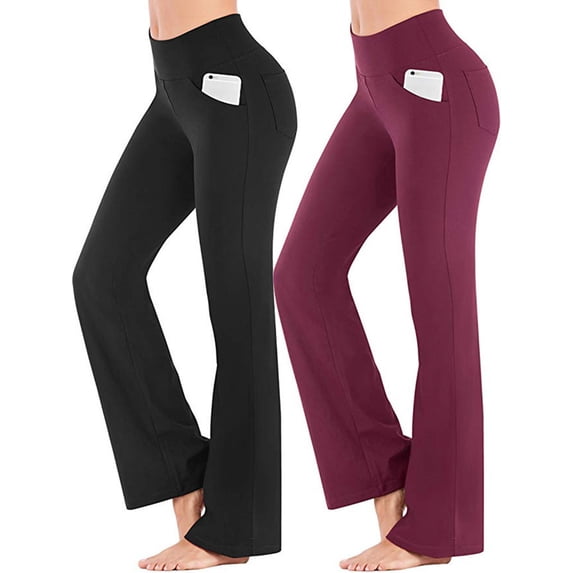 Bootcut Yoga Pants for Women with Pockets High Waist Casual Bootleg Trousers Plus Size Stretch Yoga Workout Pants for Women - 2 Packs Black+Wine Red M