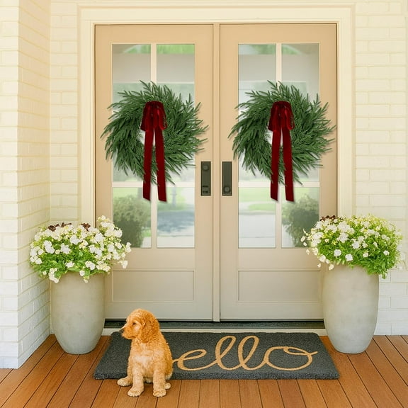 Bootesun 2 Pack Christmas Wreath for Front Door, Artificial Pine Cedar Holiday Wreath with Red Bow, Winter Greenery Wreath for Indoor Outdoor Home Decorations