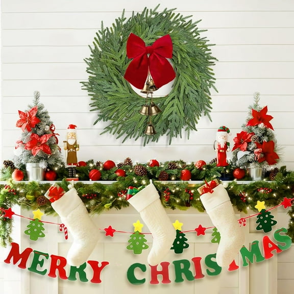 Bootesun 22 Inch Norfolk Pine Wreath with Bow and Bell, Christmas Wreaths for Front Door, Artificial Real Touch Wreath for Door Wall Windows Mantle Outdoor Christmas Decorations