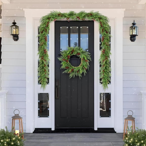 Bootesun 2PCS 6FT Christmas Artificial Cedar Garland, Realistic Touch Green Garland with Red Berries for Table, Mantle, Wall Indoor Outdoor Christmas Decorations