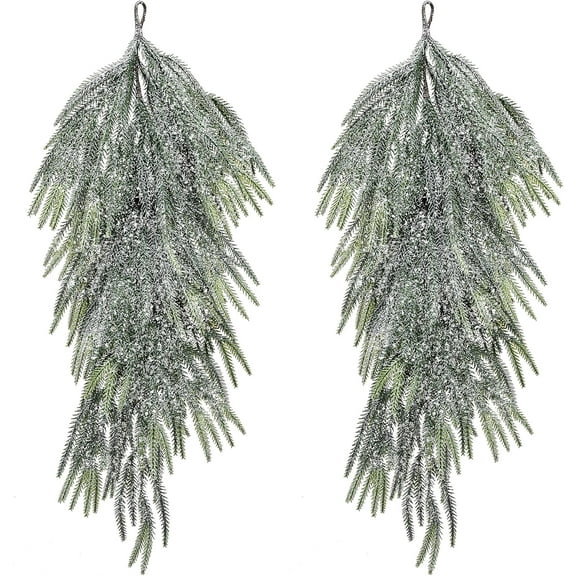 Bootesun 2PCS Artificial Christmas Snow Teardrop Swag, 28" Faux Glitter Snow Flocked Norfolk Pine Teardrop Door Swag, Real Touch Pine Wreath Staircase Swags for Xmas Door Mantle Fireplace Decor