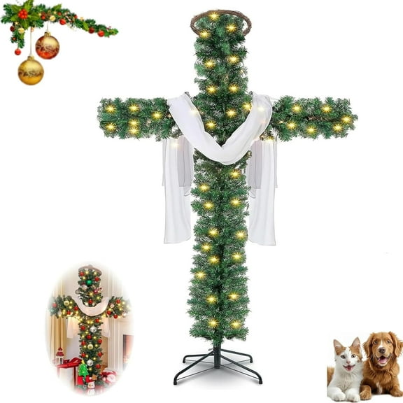Bootesun 6 FT Cross Christmas Tree, Christmas Cross Tree, Faux Christmas Tree Cross, Cross Shaped Christmas Tree, Foldable Cross Christmas Tree, Exquisite Christmas Decorations