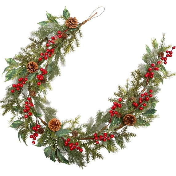 Bootesun 6 Feet Christmas Garland Artificial Snowy Pine Needle Garland Christmas Decorations with Red Berry Natural Pine Cones Holly Leaves for Indoor Outdoor Party Holiday Xmas Decors