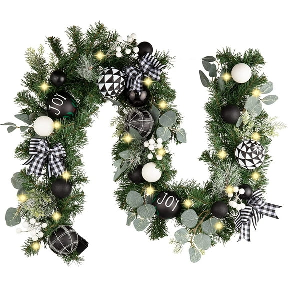 Bootesun 6 Feet Pre Lit Mardi Gras Garland for Mantle with Lights, Lighted Xmas Garland with Black White Balls for Front Door Fireplace Table Centerpiece Outdoor Party Decorations