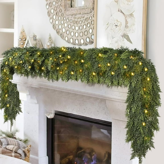 Bootesun 6FT Thick Christmas Garlands with Lights, Branches, Green Cedar Garland for Christmas Decorations, Artificial Greenery Garland for Table Mantle Wall Indoor Outdoor Xmas Decors
