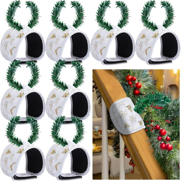 Bootesun 8PCS Railing Protection Christmas Garland Ties, White Decors Banister Garlands Hanger, Adjustable Banister Protective Padded Faux Pine Stems Garland Ties for Staircase Wreath Home Xmas Decor
