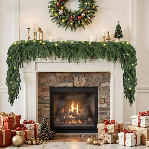 Bootesun 9FT Artificial Christmas Garland with Lights, Real Touch Norfolk Pine Garland - Pine Garlands, Green Christmas Garland for Mantle, Table, Fireplace, Indoor, Outdoor Christmas Decorations