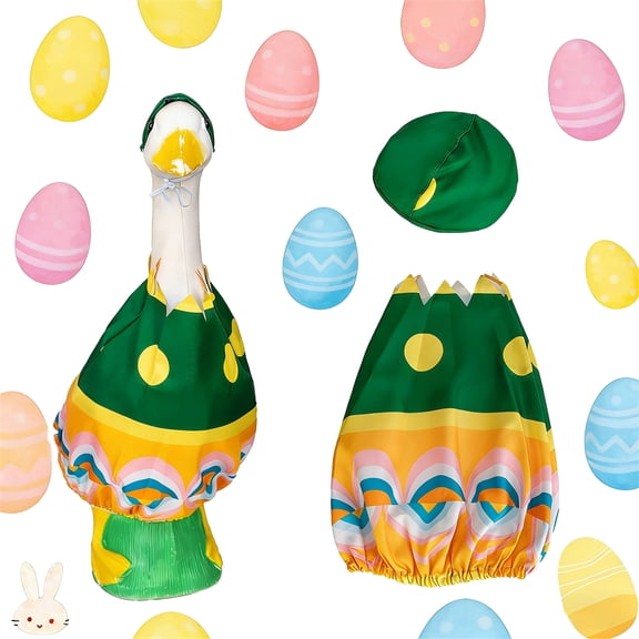 Bootesun Hatching Easter Egg Porch Goose Outfit with Green Cracked Shell Tunic and Matching Cap, 2-Piece Colorful Print Spring Apparel for Garden Statue, Whimsical Ornament Decor for 23" Goose