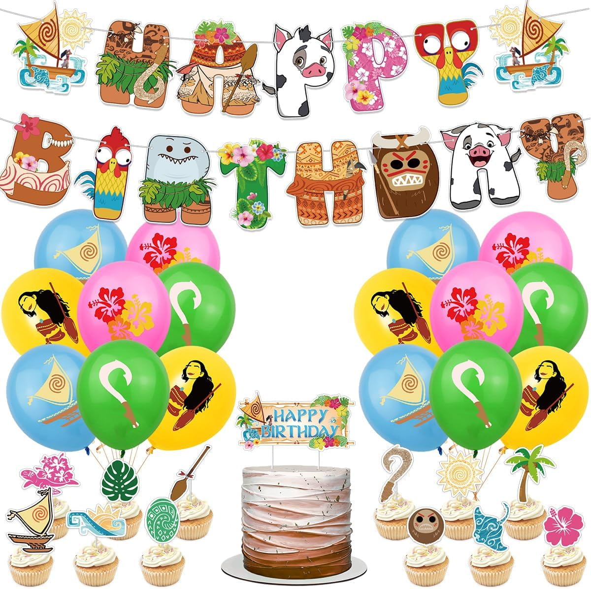 Bootesun Moana 2 Birthday Party Decors, Unique Cartoon Character Moana Birthday Supplies, Include 1 Happy Birthday Banner, 16 Balloons, 1 Cake Toppers, 24 Cupcake Toppers, Birthday Party for Teens