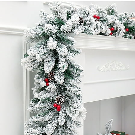 Bootesun Pre-lit 9-Ft LED Berry Flocked Christmas Garland with Battery Operated Lights | 35 Warm White Bulbs | 162 Pine Tips