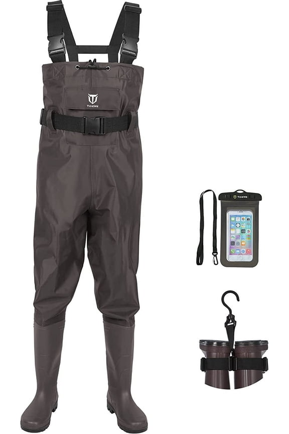 Bootfoot Chest Wader, 2-Ply Nylon/PVC Waterproof Fishing Hunting Waders with Boot Hanger for Men Women Green Brown