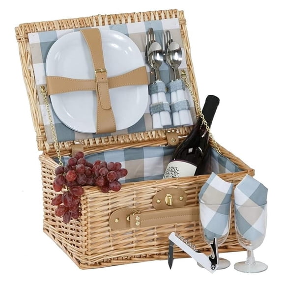 Boothbay Two Person Picnic Basket Picnic Basket with Two Plates/Flatware/Wine Glasses/Cotton Napkins/Corkscrew (14 pcs Included) (Natural Color)