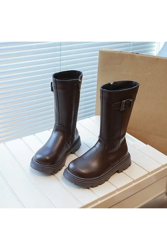 Booties,Girls Mid Calf Boots Leather Side Zipper for Big Kids Punk Gothic Boots for Tweens,Boys Winter Boots,01 Brown,11-11.5Years