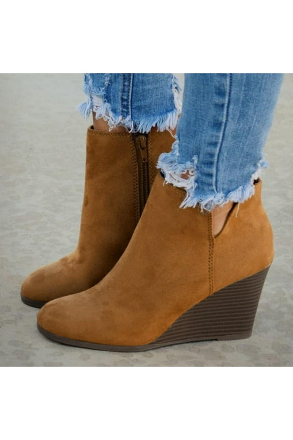 Booties for Women Wedges Boots Suede Zipper Solid Short Booties Round Toe Shoes Ankle Boots Platform Shoes - Mid Ankle Bootie w/Split Shaft and Zipper Stacked Wedge Heel