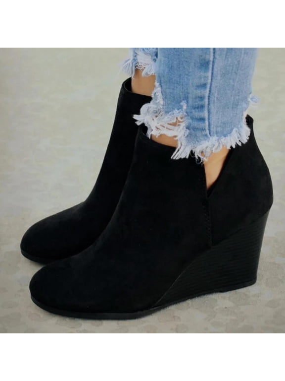 Booties for Women Wedges Boots Suede Zipper Solid Short Booties Round Toe Shoes Ankle Boots Platform Shoes - Mid Ankle Bootie w/Split Shaft and Zipper Stacked Wedge Heel