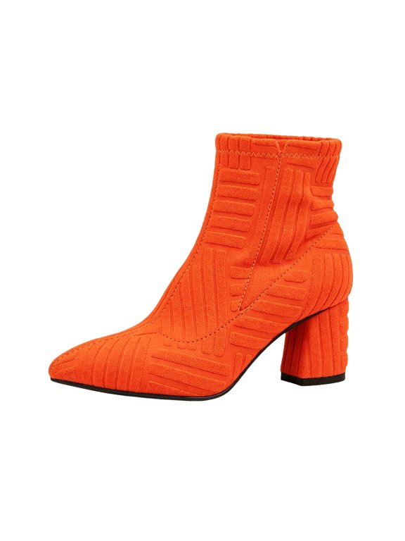 Booties for Women Stretch Knit Pointed Toe Chunky Heel Pull On Women Ankle Boots Geometric Pattern Ribbed Cuff Snug Fit Shoe Booties