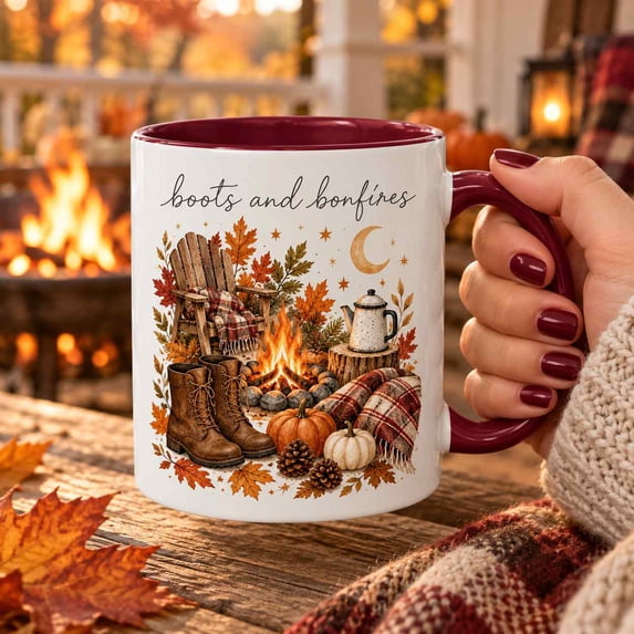 Boots And Bonfires Mug 11oz, Cozy Autumn Coffee Cup, Fall Cardigan ...
