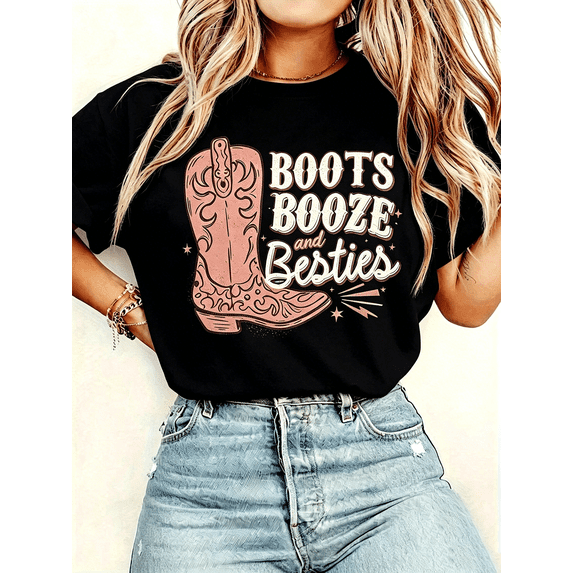 “Boots Booze & Besties” Western Cowgirl T-Shirt – Funny Girls Trip Graphic Tee, Nashville Bachelorette Casual Summer Top