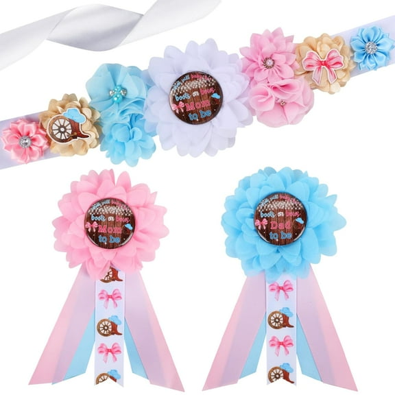 Boots or Bows Baby Shower Maternity Sash Kit - Cowboy or Cowgirl Theme Gender Reveal Party Belly Belt Corsage Pins, Wild Western Theme New Parents Pregnancy Photo Props Party Supplies
