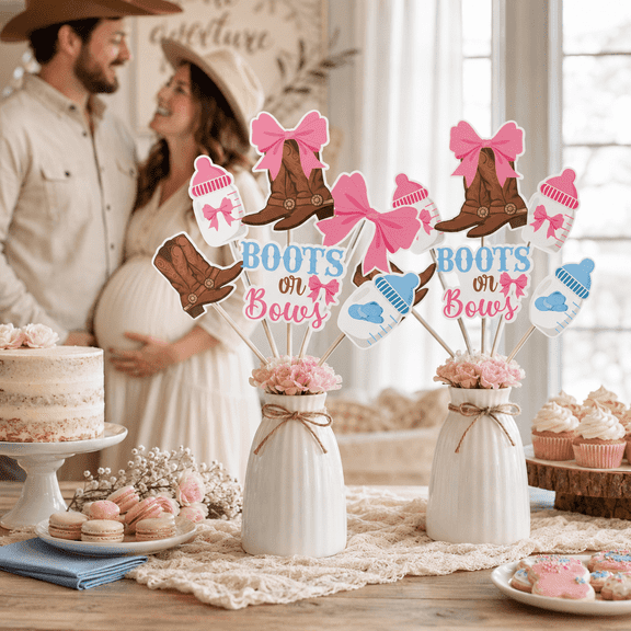 Boots or Bows Gender Reveal Decorations - 24PCS Boots or Bows Centerpiece Sticks, Western Cowboy or Cowgirl He or She Gender Reveal Baby Shower Pregnancy Announcement Table Toppers