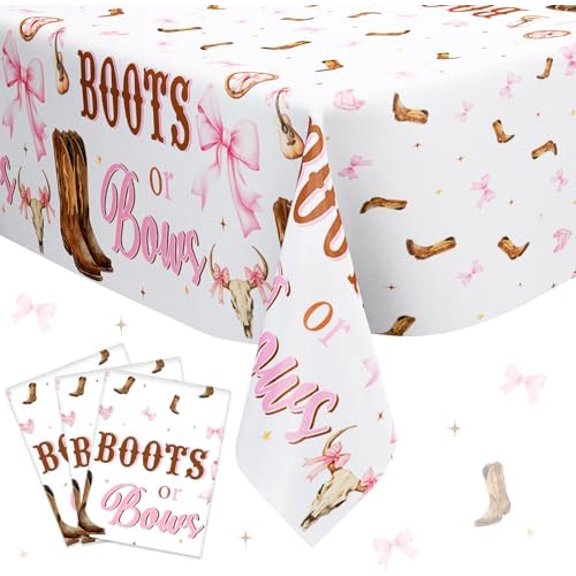 Boots or Bows Gender Reveal Decorations, 3PCS Boots or Bows Tablecloths, Western Cowgirl Table Covers Disposable Plastic Rectangle for Gender Reveal Baby Shower Party Supplies 108x51 Inch