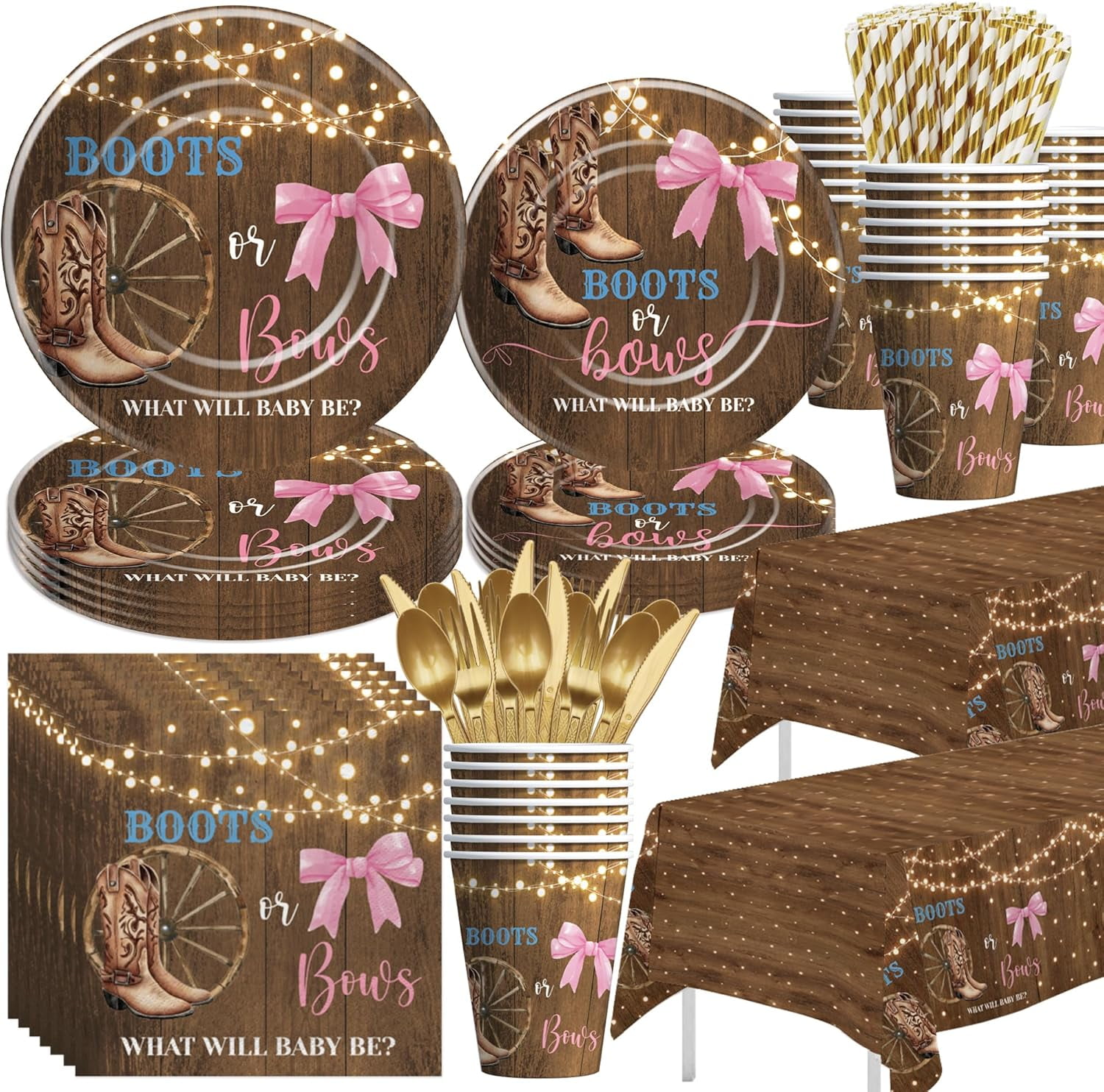 Boots or Bows Gender Reveal Decorations Tableware, Cowboy Boots Pink Bows He or She Gender Reveal Party Supplies for Baby Shower, Paper Plate, Cup, Napkin, Cutlery, Tablecloth, Serves 24