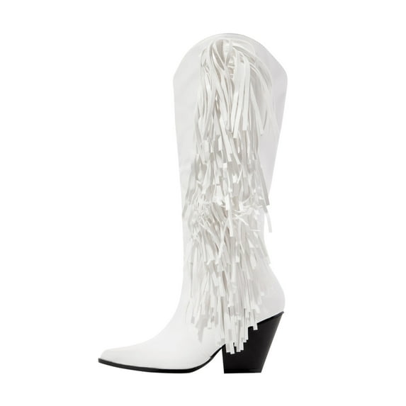 Boots Deals 2022 Juebong Women's Winter High Boots With Fringe Sleeve In Solid Color And Low Heel