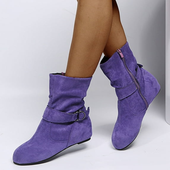 Boots Deals AnuYalueMid Calf Dress Boots For Women Wide Calf Slouchy Boots Zip up Flat Heel Boots Buckle Zipper Fall Winter Short Round Toe 2023 Boots