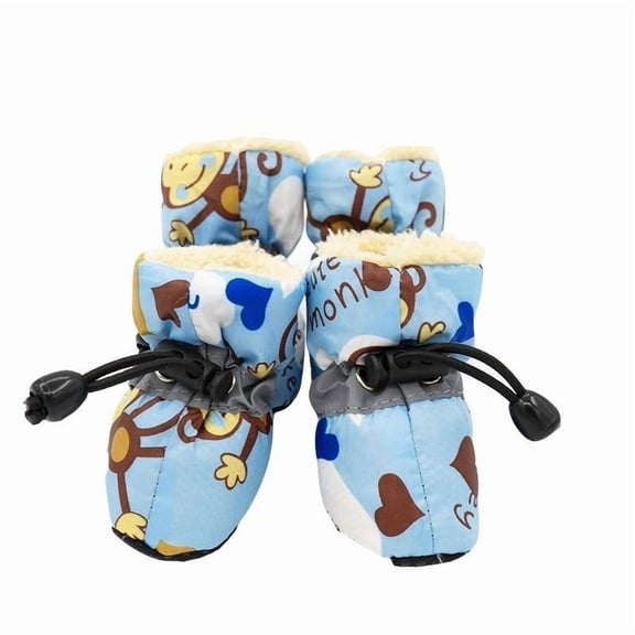 Boots for Dogs in Winter, Winter Boots for Dogs, Paw Protectors for Dogs Winter, Blue Sherpa Lining, Monkey Graphic, Adjustable Drawstrings, Soft Rubber Soles, Snowy Walks