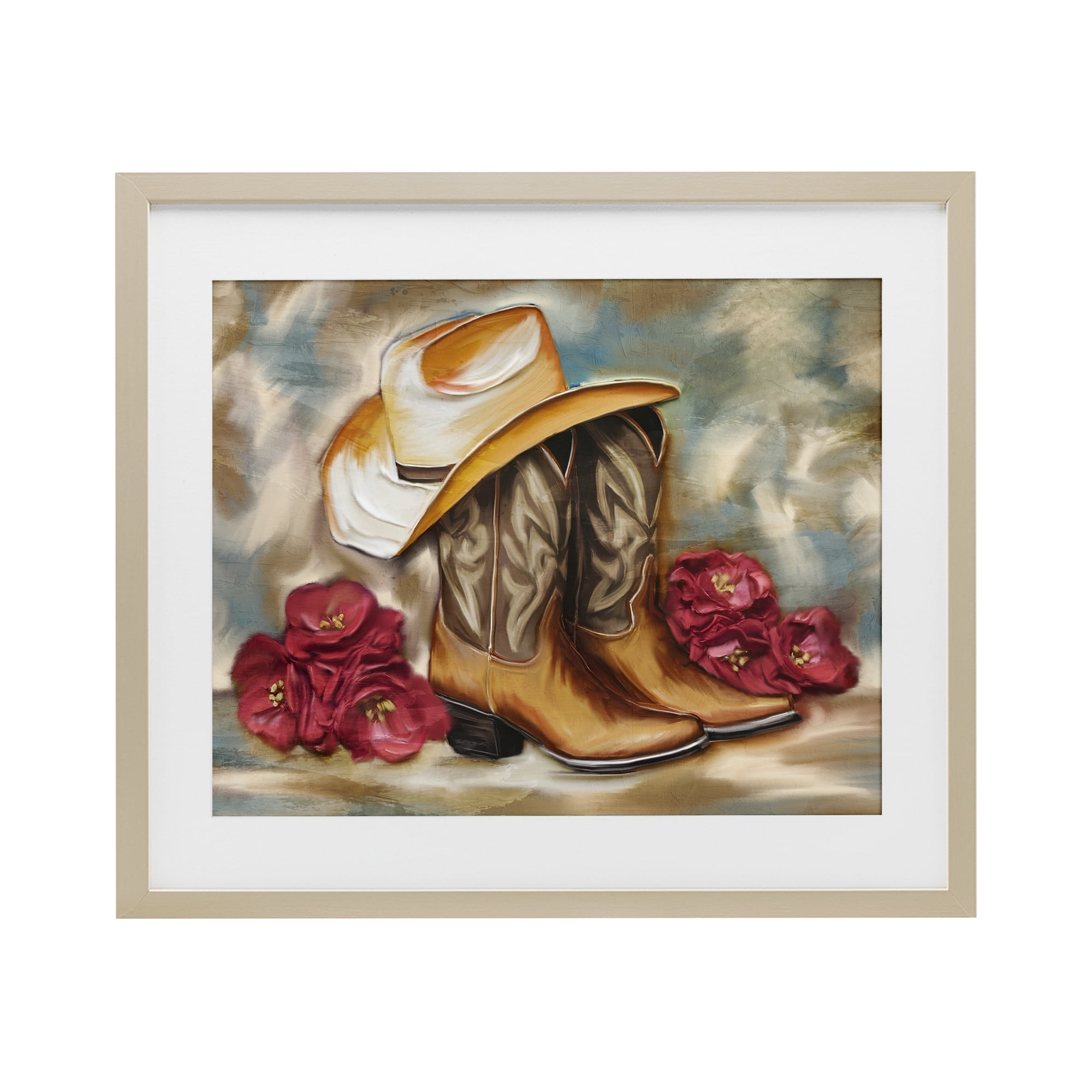 Boots & Floral Bunches Birch Framed Print Under Glass, design by Kim Allen