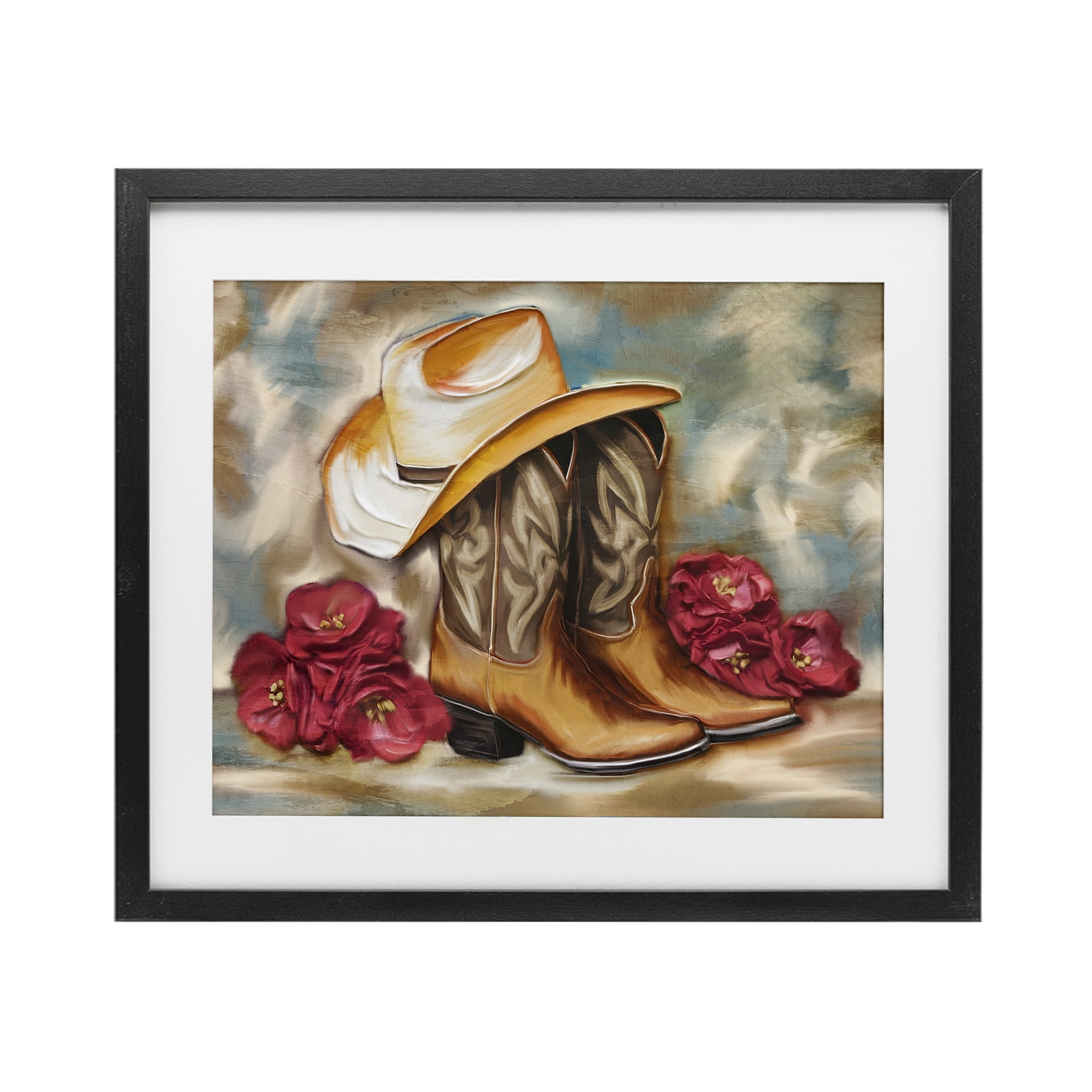 Boots & Floral Bunches Black Framed Print Under Glass, design by Kim Allen