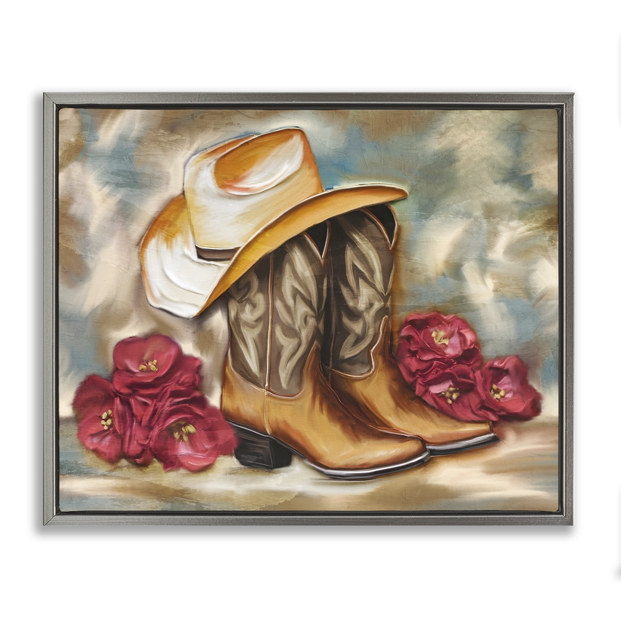 Boots & Floral Bunches Gray Framed Floater Canvas Wall Art, design by Kim Allen