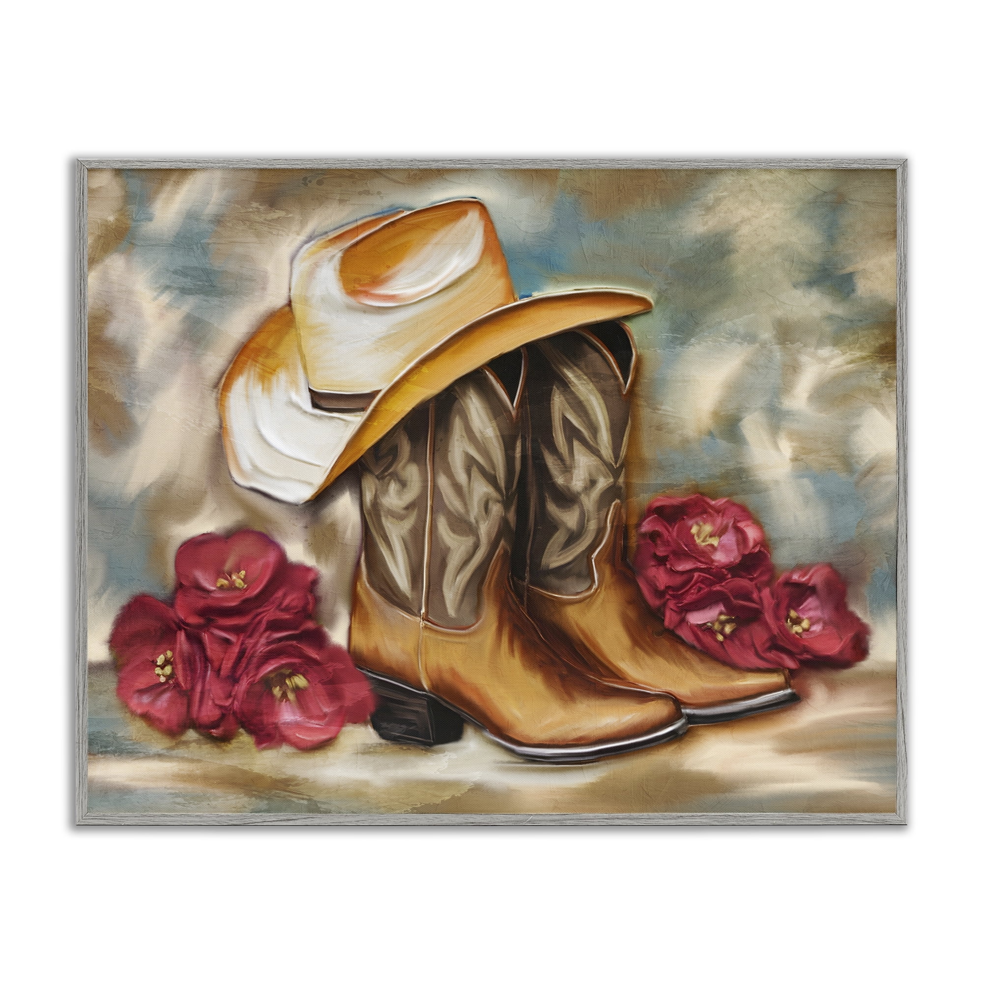 Boots & Floral Bunches Gray Framed Giclee Art, design by Kim Allen