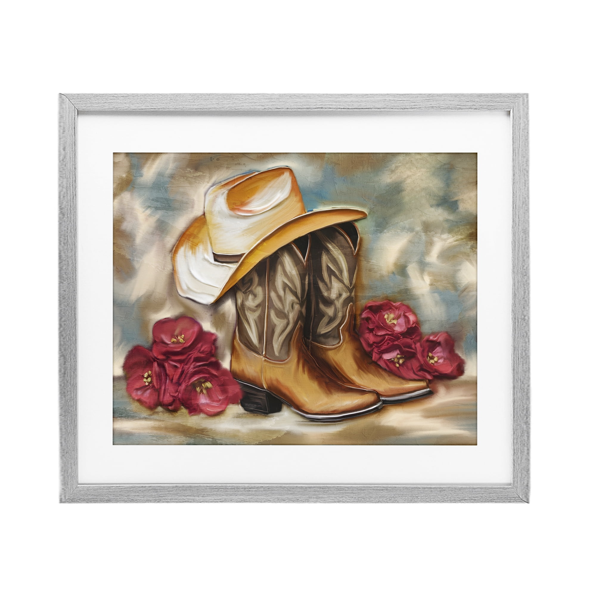 Boots & Floral Bunches Gray Framed Print Under Glass, design by Kim Allen