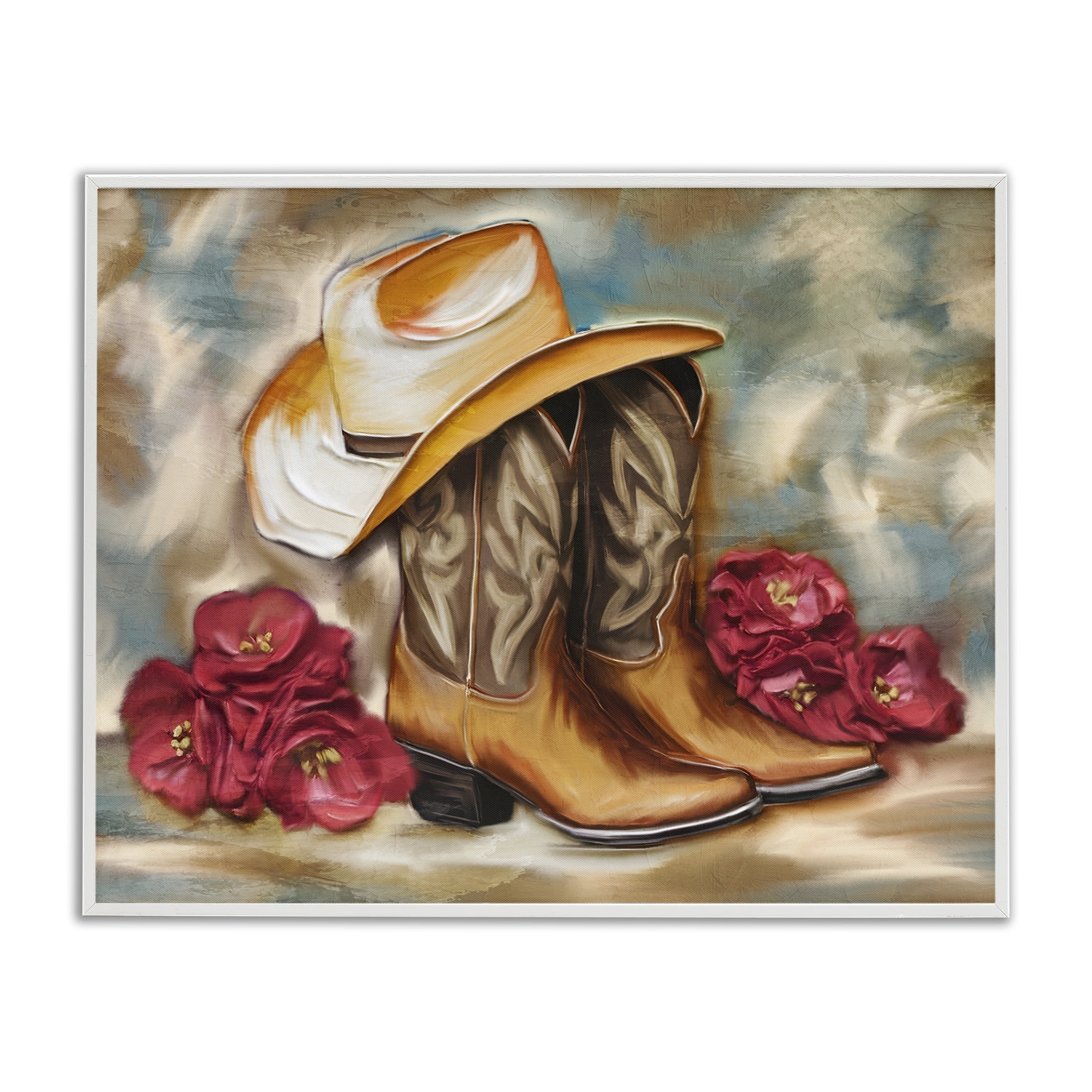 Boots & Floral Bunches White Framed Giclee Art, design by Kim Allen
