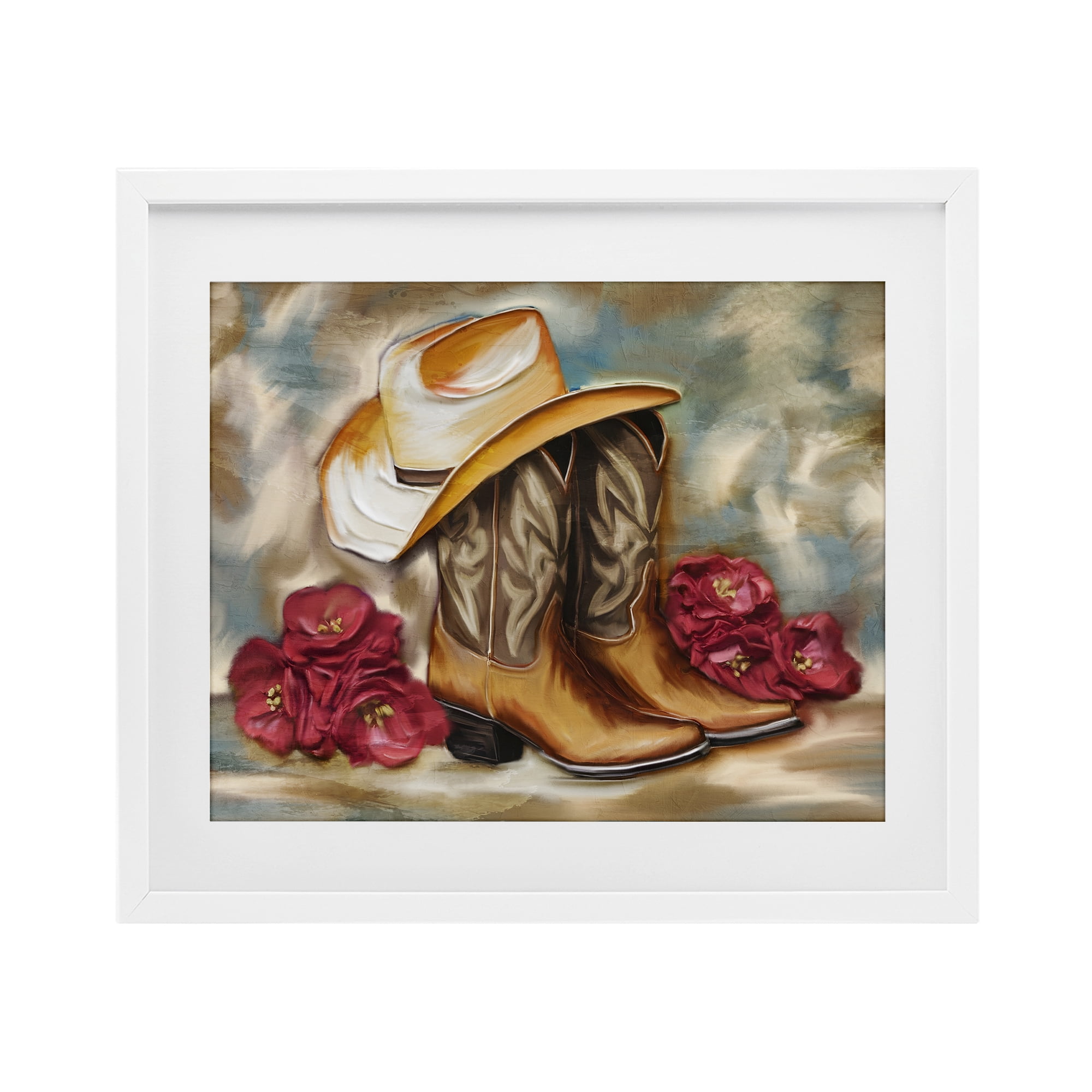 Boots & Floral Bunches White Framed Print Under Glass, design by Kim Allen
