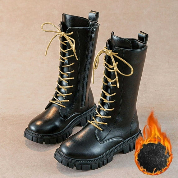 Boots For Girls Lace Up Riding Boots Mid Calf Combat Boots Goth Knee High Boots (Black 4.5-5 Years)