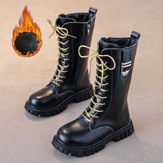 Boots For Girls Lace Up Riding Boots Mid Calf Combat Boots Goth Knee High Boots with Bukle (Black 4.5-5 Years)