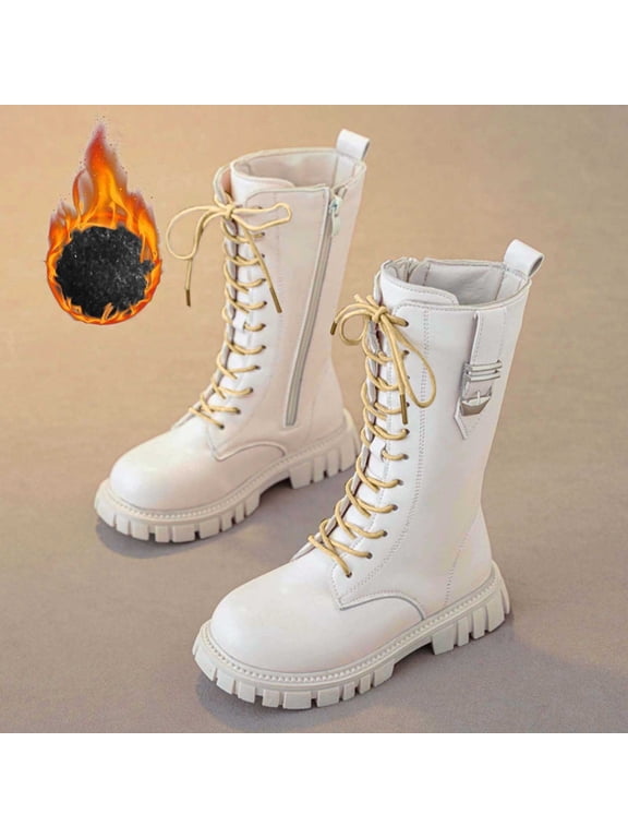 Boots For Girls Lace Up Riding Boots Mid Calf Combat Boots Goth Knee High Boots with Bukle (White 5.5-6 Years)
