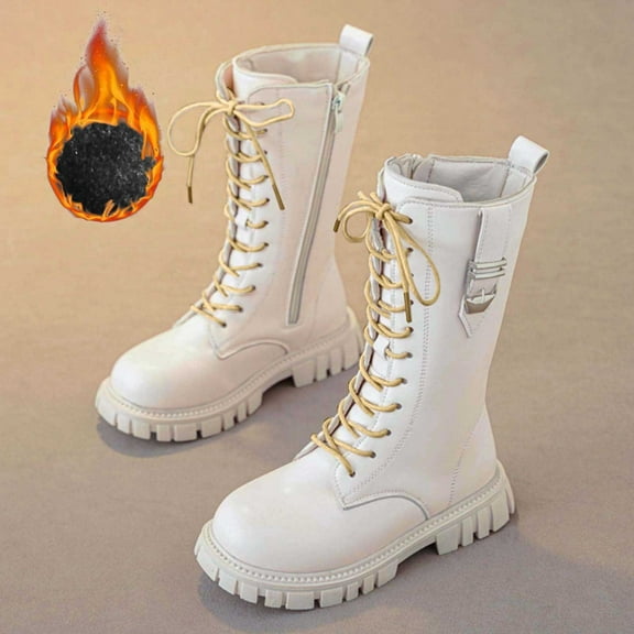 Boots For Girls Lace Up Riding Boots Mid Calf Combat Boots Goth Knee High Boots with Bukle (White 6-7 Years)