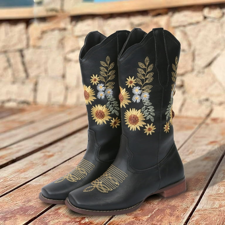 Boots for Womens Sunflower Embroidered Vintage Cowgril Cowboy Western Boots Motorcycle Boots Black 8, Women's