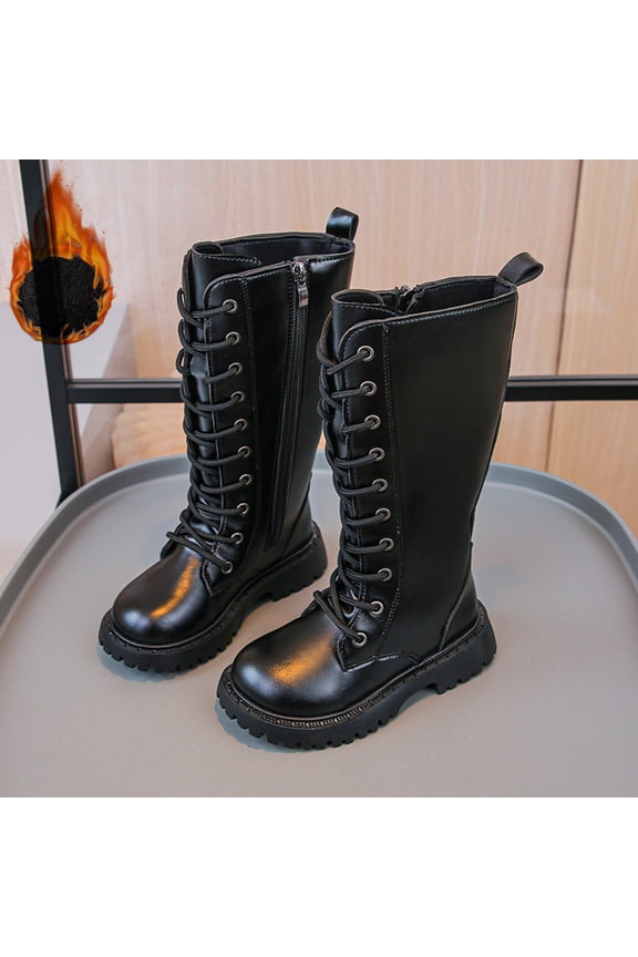 Boots,Girls School Shoes Autumn Fashion for Kids Flat Thick PU Comfortable Boots for Daily,Toddler Hiking Boots,02 Black,7-8 Years