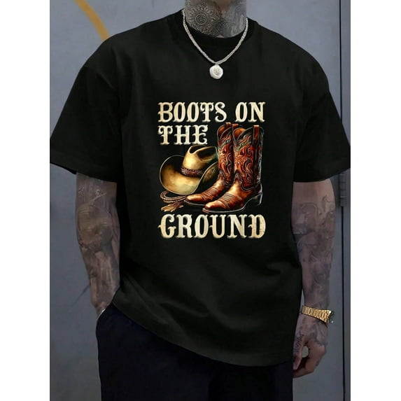 Boots On The Ground Boot Cowboy Western Cowgirl Linedance T-Shir - 100% Cotton Summer Tops Graphic Tees, Men T Shirts, Casual Short Sleeve Crew Neck T-Shirt For Spring & Summer