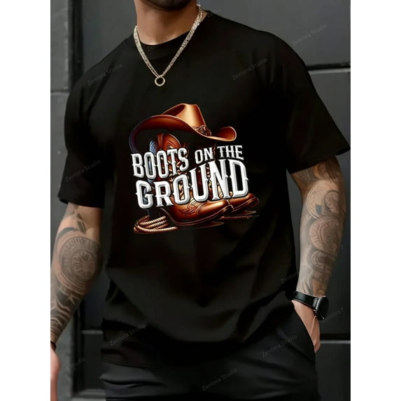 Boots On The Ground, Cowgirl Linedance, Boot Cowboy Western T-Shir - 100% Cotton Summer Tops Graphic Tees, Graphic T Shirts For Men, Jamaica Nana Shirt Ropa De Hombre