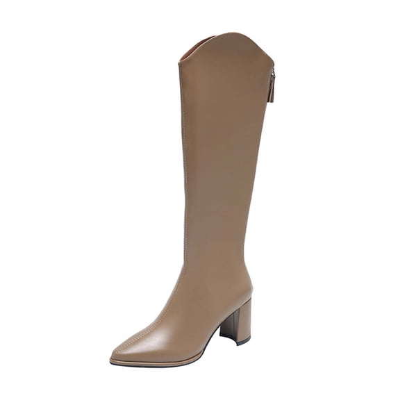Boots High Heel Knee high boots for women Zip-Up Width Block Leather knee high boots Dress Brown