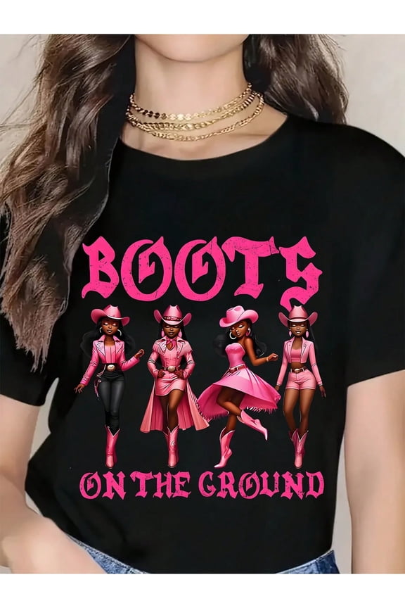 Boots On The Ground Pink Cowgirl Women's T-Shirt - Fun Western Style Graphic Tee For Country Music Fans, Festivals, And Casual Wear