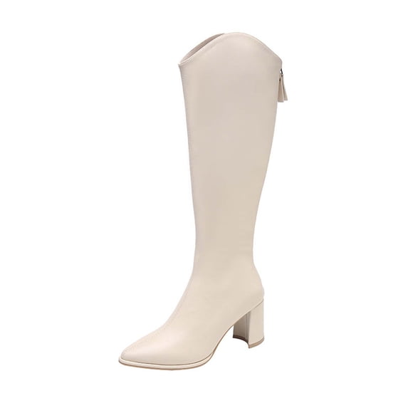 Boots Width Knee high boots for women Zip-Up Block High Heel Leather knee high boots Dress Beige