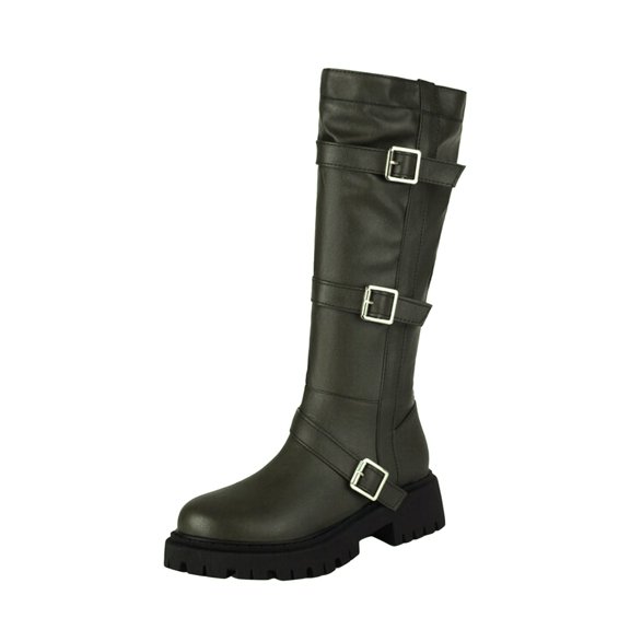 Boots for Women,British Style Ladies Knee High Boots with Solid Leather Belt Buckle Decoration and Thick Heel for Fashionable Women,Knee High Boots Women,Green8.5