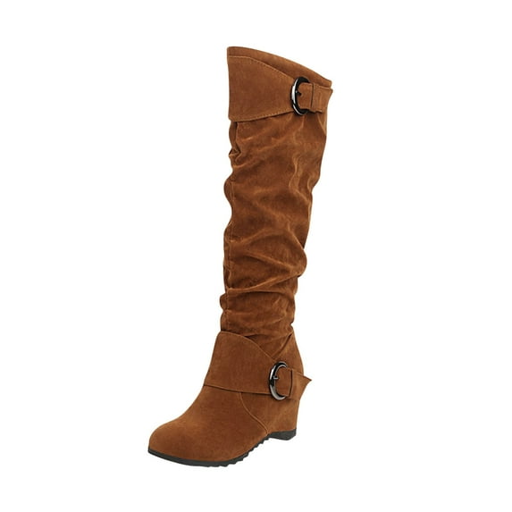 Boots for Women Verugu Chunky Heel Knee-High Boots for Women, Women Wedge Height Increase Shoes High Heel Solid Slip-on Winter Warm Belt Buckle Knee-length Knight Boots Brown 40